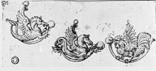 Entwürfe für drei Anhänger mit Seepferden und Hahn, 1510/1520